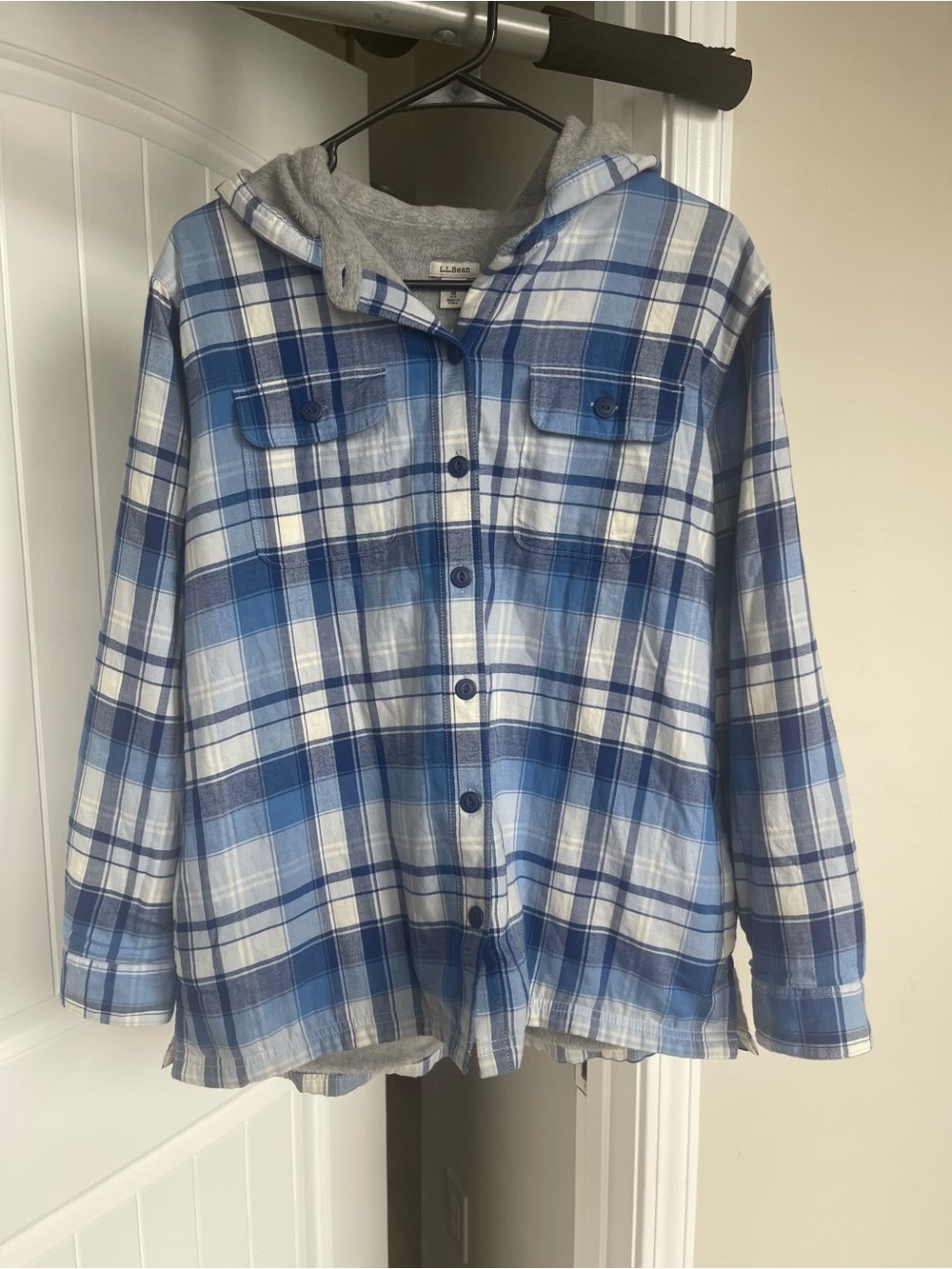 L.L. Bean Blue and White Plaid Hooded Flannel Jacket